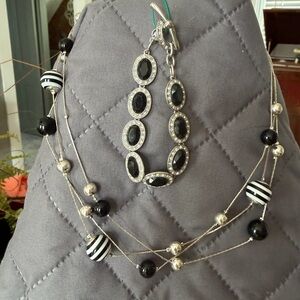 Silver, Black and White Striped Bead Necklace + Black and Rhinestone Bracelet